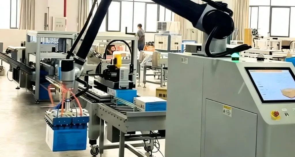 Robotic palletizing system stacking cardboard boxes on a standard pallet