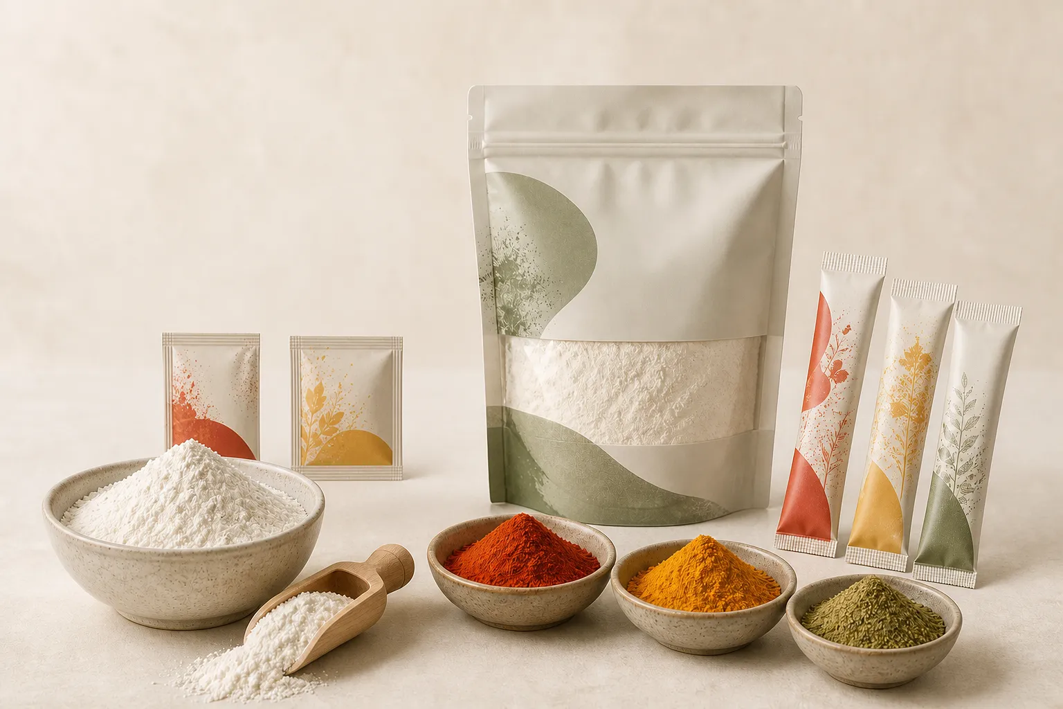 Illustrative flour and seasoning powders beside unbranded sachets, stick packs and a stand-up pouch