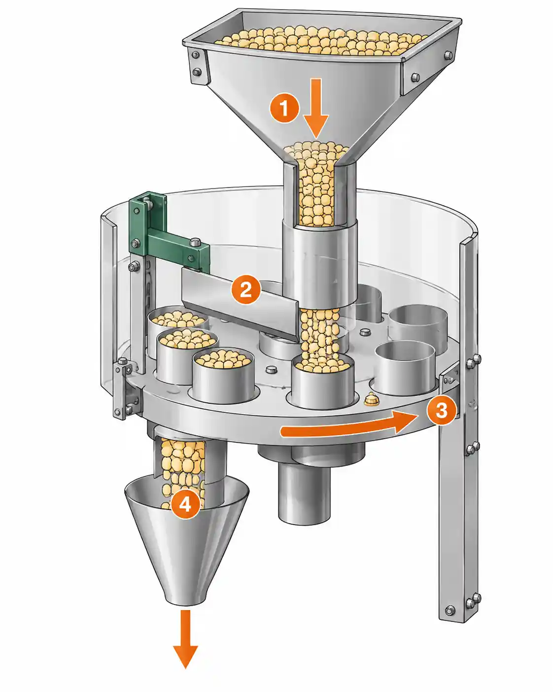 Volumetric cup filler working principle showing product infeed, measuring cups, rotary dosing and discharge