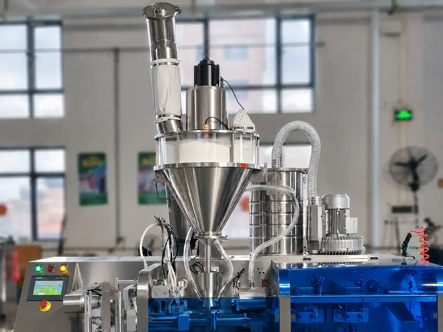 Auger filler connected to a premade pouch packing machine