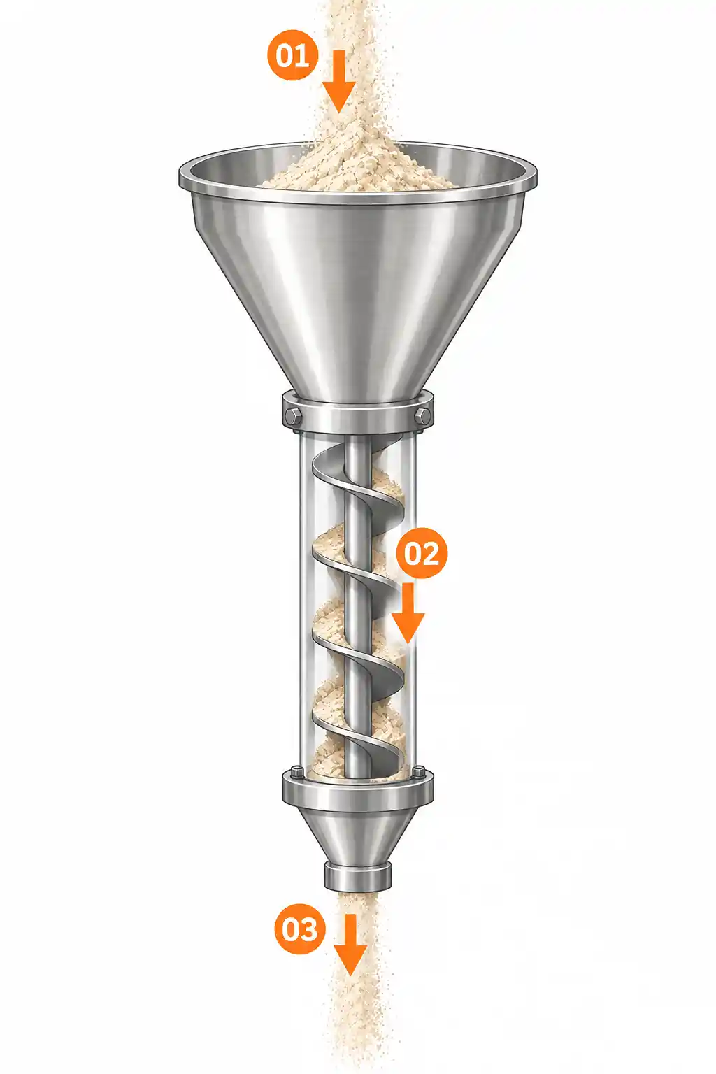 Auger filler working principle showing hopper, rotating screw, powder dosing tube and discharge