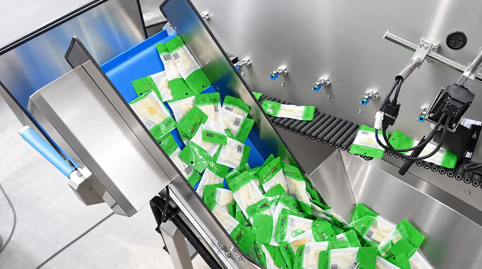 Elevator transferring loose finished flexible packages to the sorting machine
