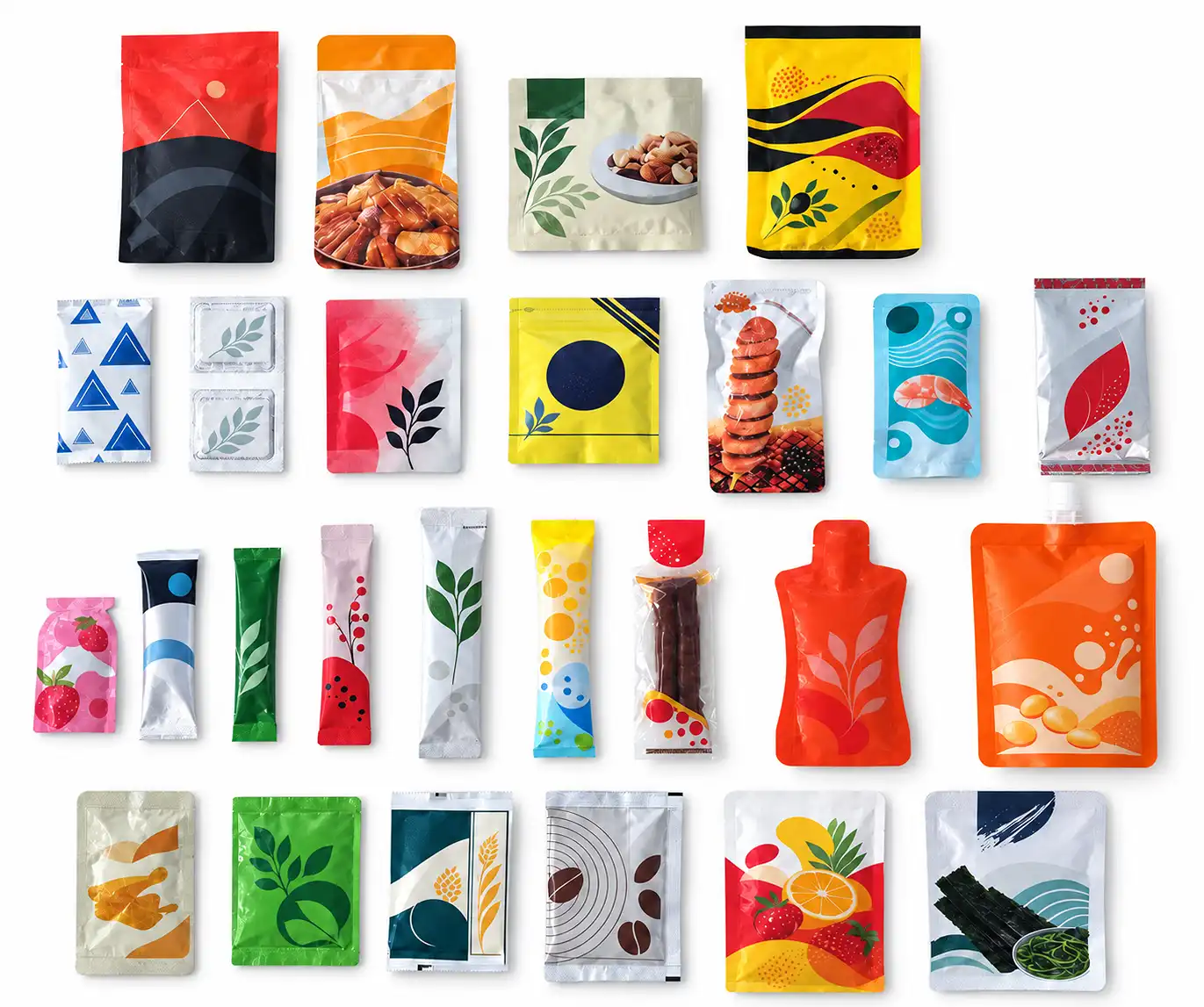 Reference display of varied finished flexible package formats including sachets, stick packs, pouches and spouted pouches