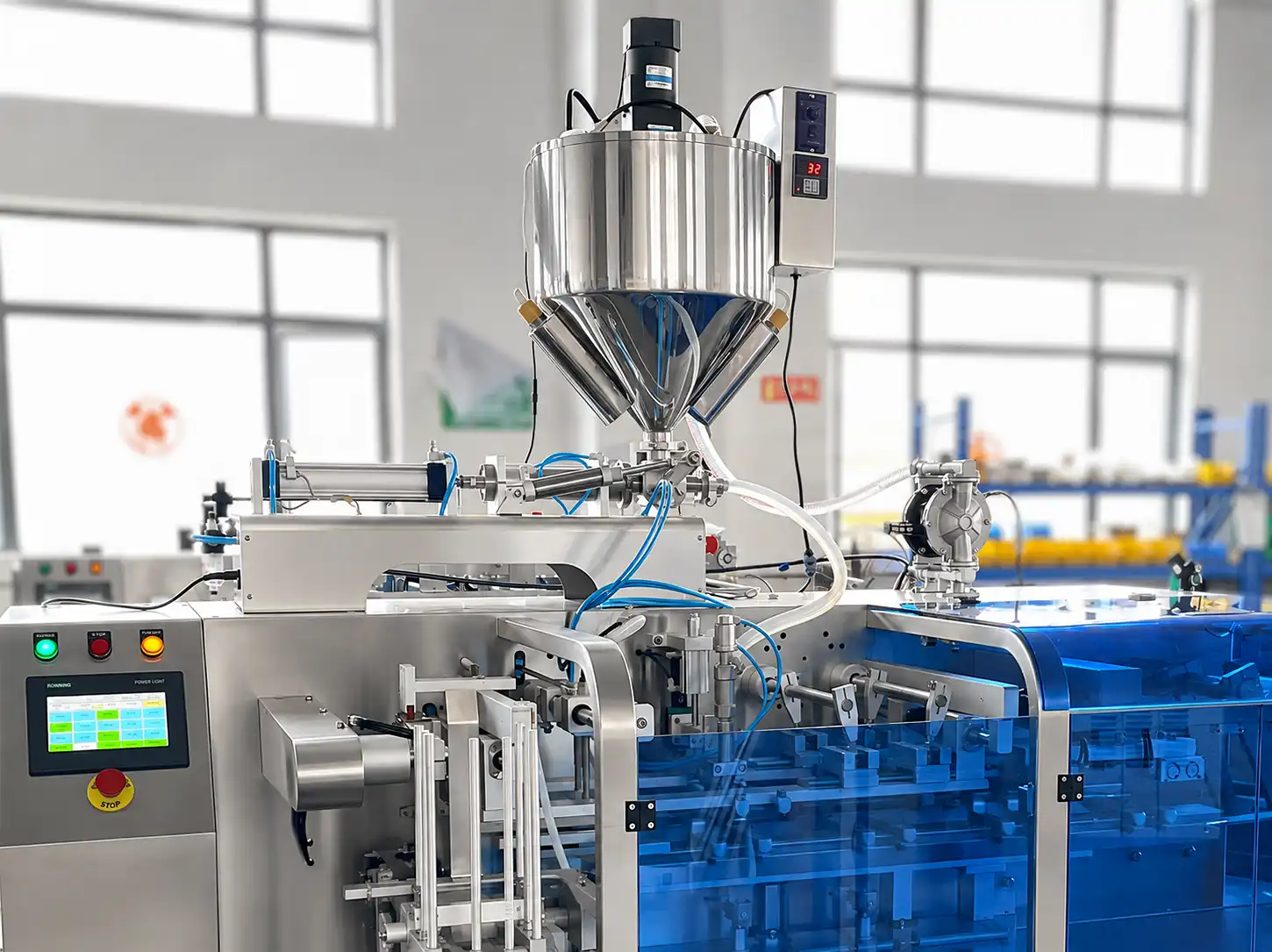 Liquid pump connected to a premade pouch packing machine