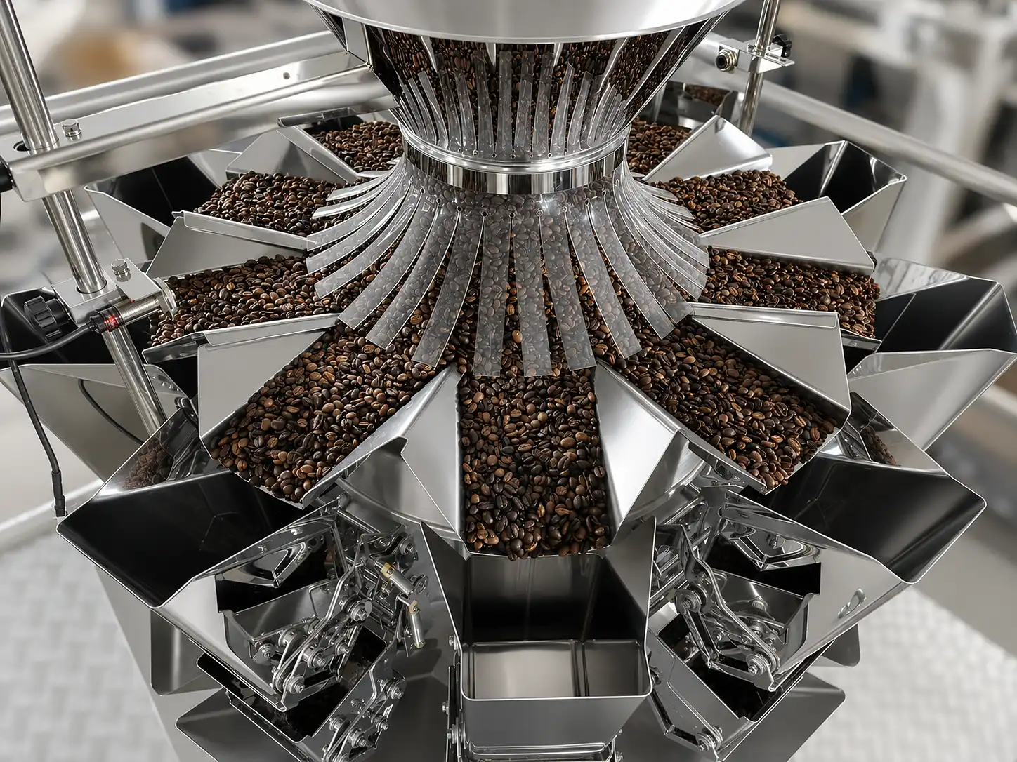Multihead weigher feeding a premade pouch packing machine