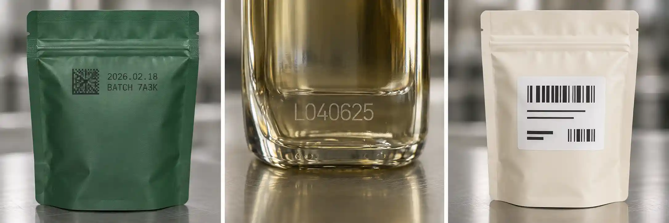 Thermal transfer coding on a pouch, laser code on a glass bottle and applied label on a finished pouch