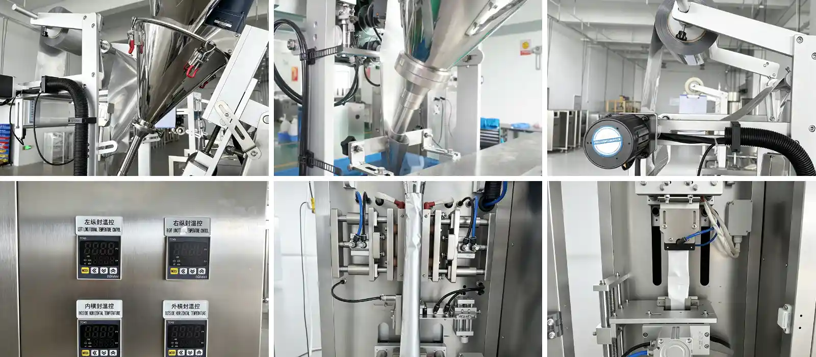 Stick pack and sachet packing machine process showing film handling, product filling, sealing controls and packaging stations