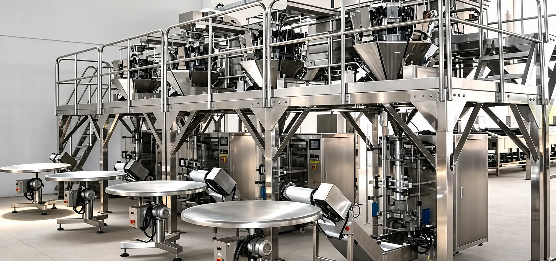 Vertical form fill seal packaging line configured with feeding and dosing equipment