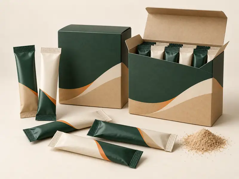 Tea & Coffee Packaging 19 Illustrative unbranded coffee mix or 3-in-1 stick packs displayed beside retail cartons