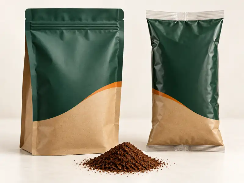 Tea & Coffee Packaging 15 Illustrative unbranded doypack and VFFS pillow bag beside ground coffee