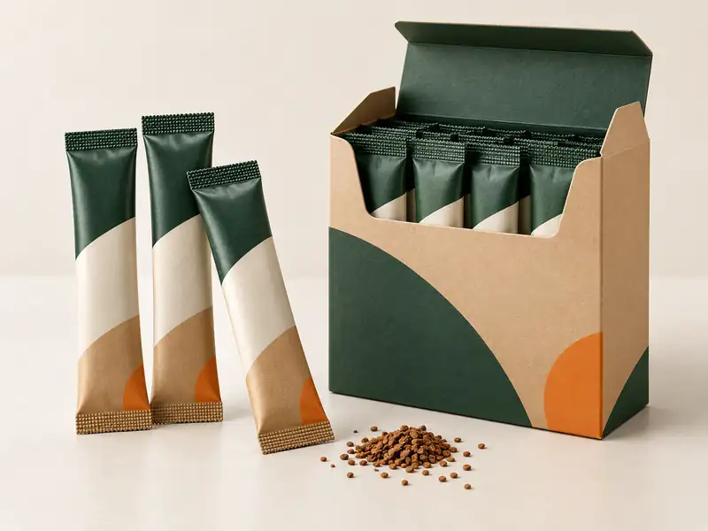 Tea & Coffee Packaging 17 Illustrative unbranded instant coffee stick packs displayed beside a retail carton