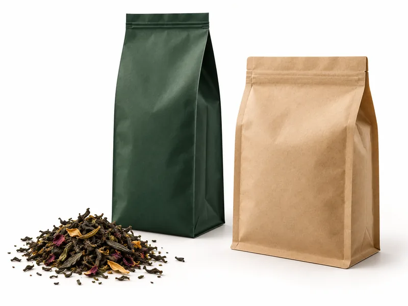 Tea & Coffee Packaging 5 Illustrative loose-leaf tea packaging scene with unbranded side-gusseted and structured retail pouches