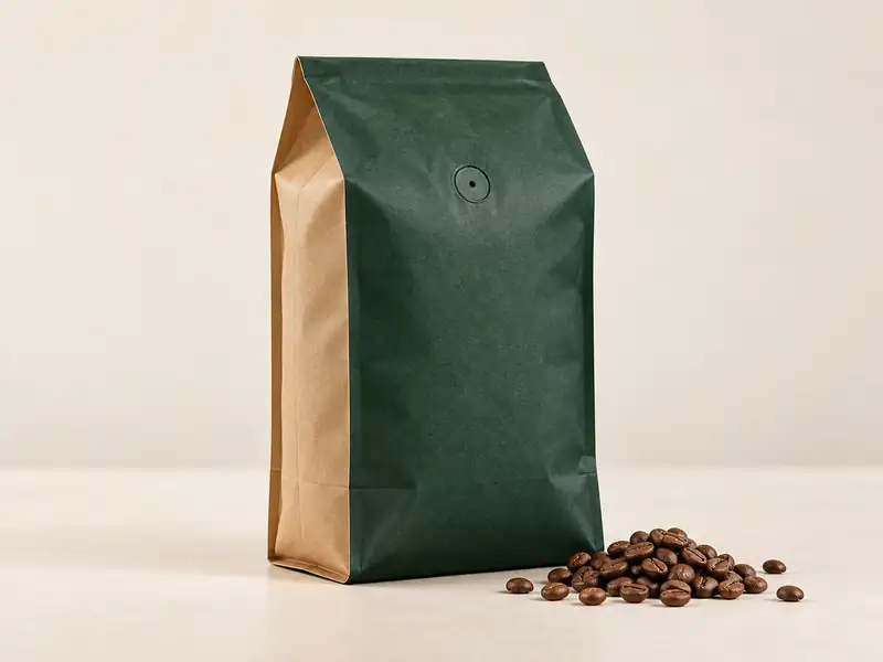 Tea & Coffee Packaging 13 Illustrative unbranded quad-seal coffee bag with a visible one-way valve beside roasted coffee beans