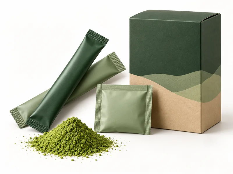 Tea & Coffee Packaging 7 Illustrative tea powder packaging scene with unbranded stick packs, sachet and retail carton